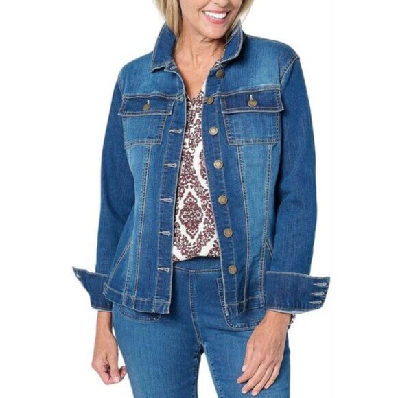 Belle by Kim Gravel Jackets & Blazers - Belle by Kim Gravel Blue Rinse Wash Fit & Flare Stretch Denim Jacket Size XL